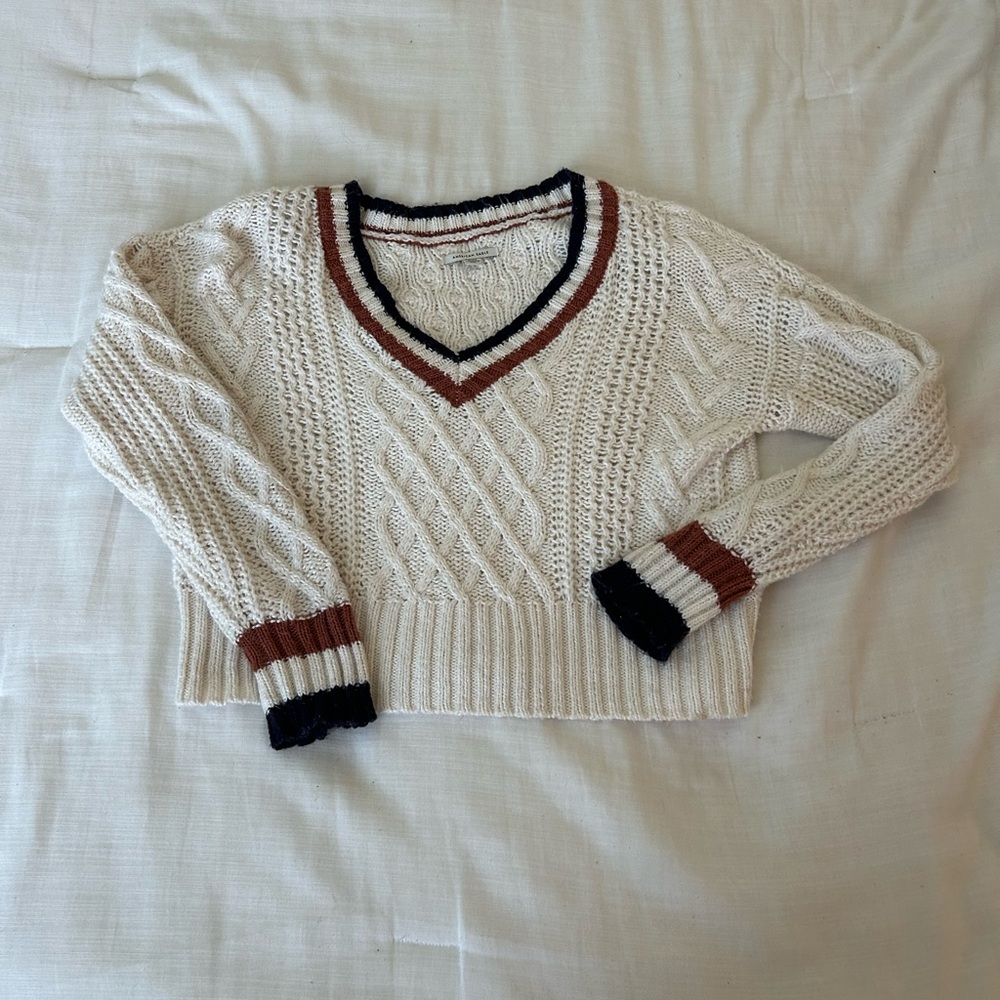 American Eagle Cropped Knitted Sweater, Cream | Size M